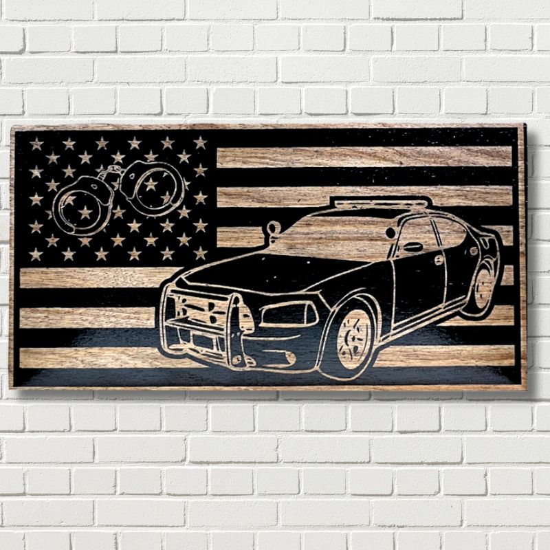 Police Car Engraved Wooden American Flag