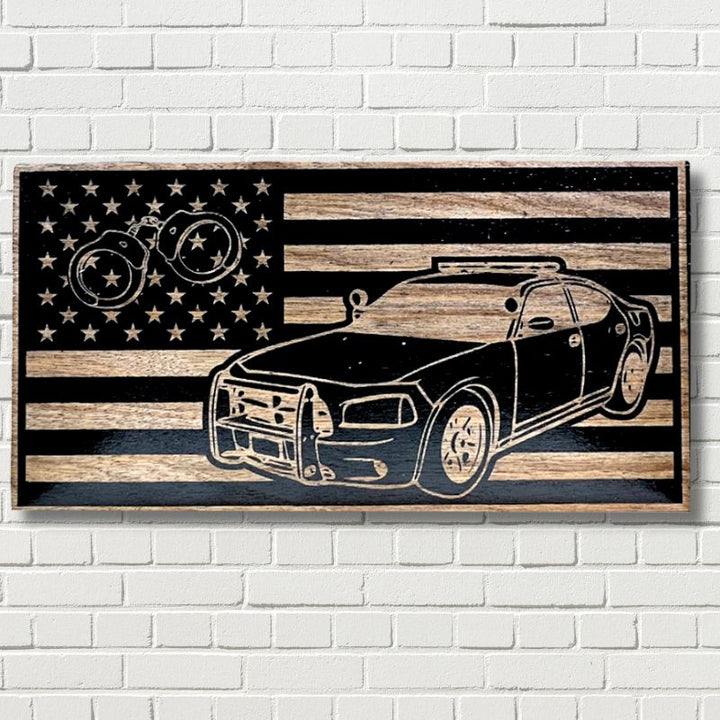 Police Car Engraved Wooden American Flag