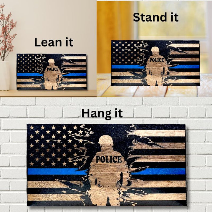 Ways to Display Police Thin Blue Line Engraved Wooden American Flag