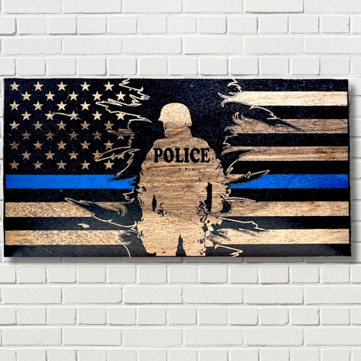 Police Thin Blue Line Engraved Wooden American Flag