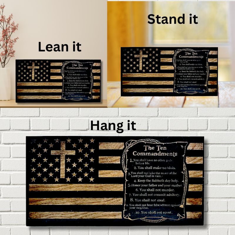 Ways to Display The Ten Commandments Engraved Wooden American Fla