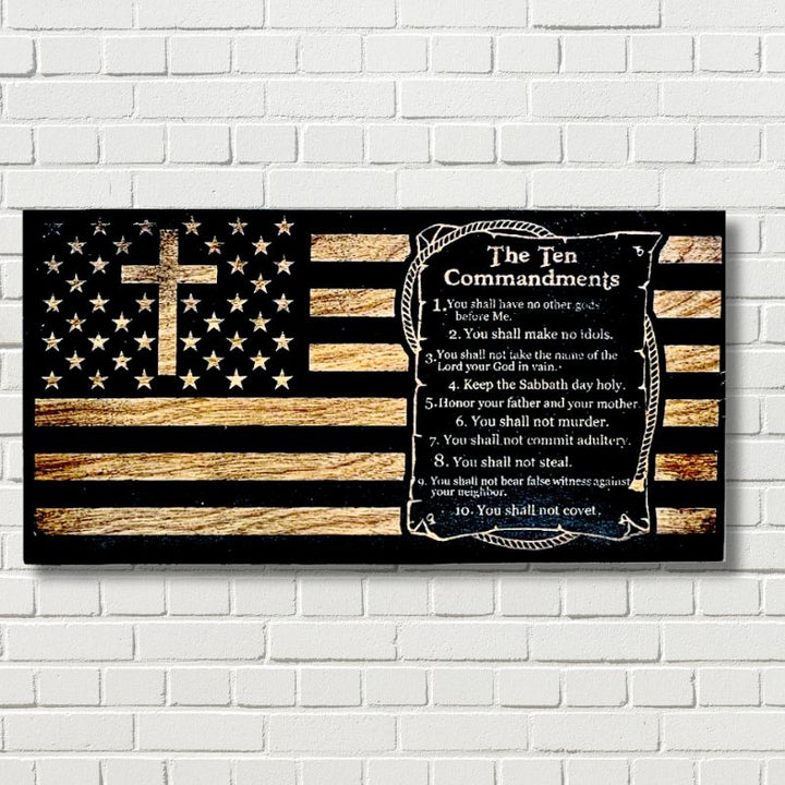 The Ten Commandments Engraved Wooden American Fla