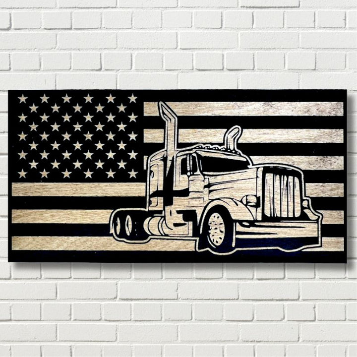 Trucker Laser Engraved Wooden American Flag